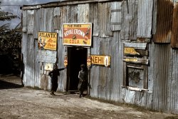 Migratory workers by a "juke joint" in Belle Glade, Fla. Signs advertise Atlantic Ale and Beer, Royal Crown Cola and Nehi. 35mm Kodachrome color transparency photographed in February 1941 by Marion Post Wolcott. View full size.