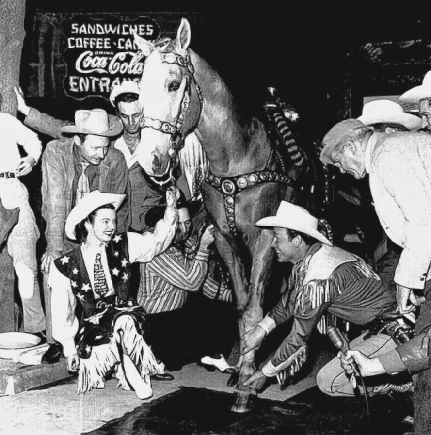 April, 1949. Trigger, the pal of Roy Rogers, gets immortalized at Grauman's Chinese Theater in Hollywood.

L-R  Pat Butram, Dale Evans, Trigger, Roy Rogers, and far right (in cap) is my grandfather, Jean Klossner, who performed all the footprint ceremonies at the Chinese from 1927 through 1956.  Our family has over 80 of the original photos in various albums. View full size.