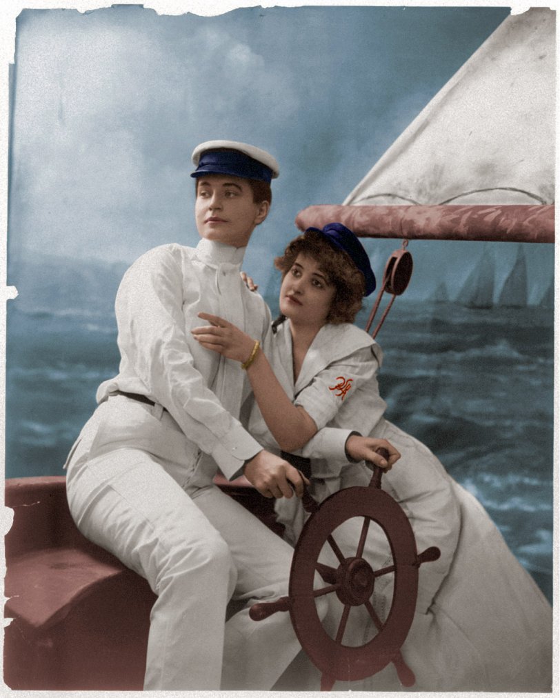 This is a colorized version of  Sailing Duo: c. 1902. This is a very touching picture. View full size.
