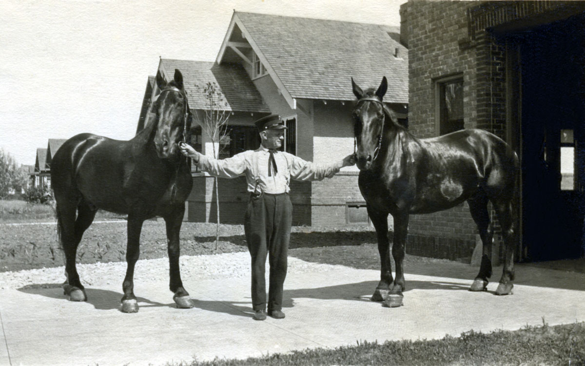 Des Moines Fire Department, Des Moines, IA Samuel Wilcox (1855-1942) shown holding the fire horses in front of the fire department. Sam was a member of Comb. Company #9, Des Moines Fire Department. He was a fireman for 34 years. We are related.