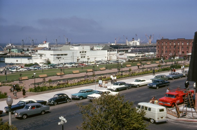 For a change, here are some cars in San Francisco that aren't 90 to 100 years old.  My favorite part, though, is the family photo op in progress over on the left, which I just now noticed. I was in Ghirardelli Square when I took this Kodachrome slide in summer 1966. View full size.
