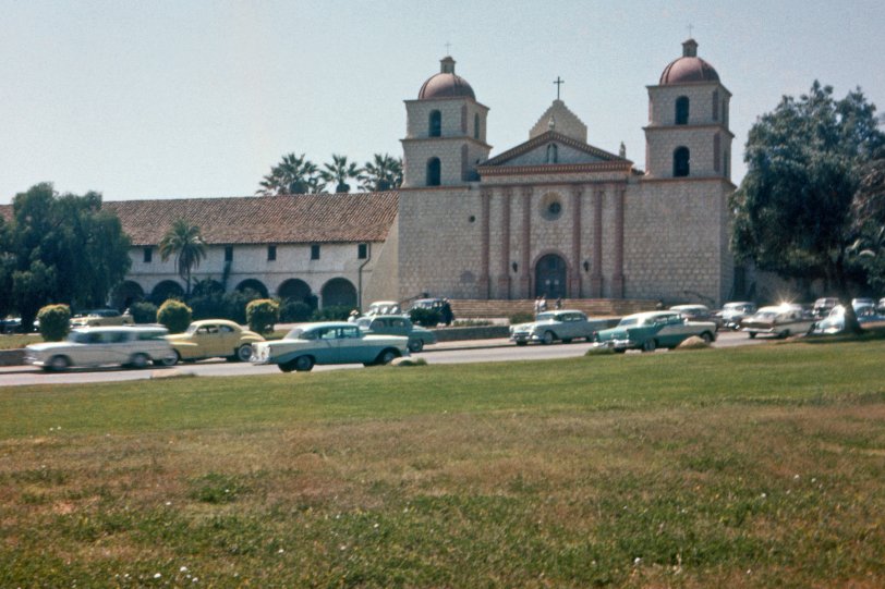 August 1958, California's Mission Santa Barbara with a small but interesting selection of cars, including a speeding Rambler wagon; above it in the distance a very nice two-tone Buick; next a spiffied-up yellow coupe, '47 Chevy is my guess; classic '56 Chevy in aqua and white, then a couple of Oldsmobiles, '54 and two-tone '56. Blurry but identifiable at right, a partially-obscured '57 Chevy and a '58 Plymouth. My brother's Ektachrome slide. View full size.
