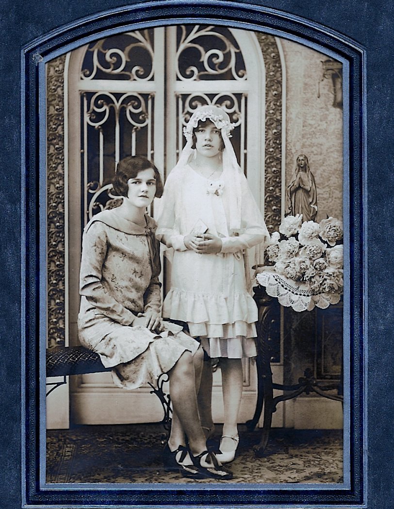 Kasperek sisters, 1929. These girls (ages 18 and 14) were raised in the Bridgeport neighborhood of Chicago, Illinois. Printed on photo frame: "A Paul Studio 3213 S Morgan St Chicago." View full size.
