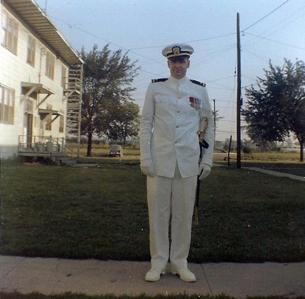 My dad, R. Douglas Thorp, at Naval Station Great Lakes in 1962. He had completed OCS, and had been received his commission as Ensign.
