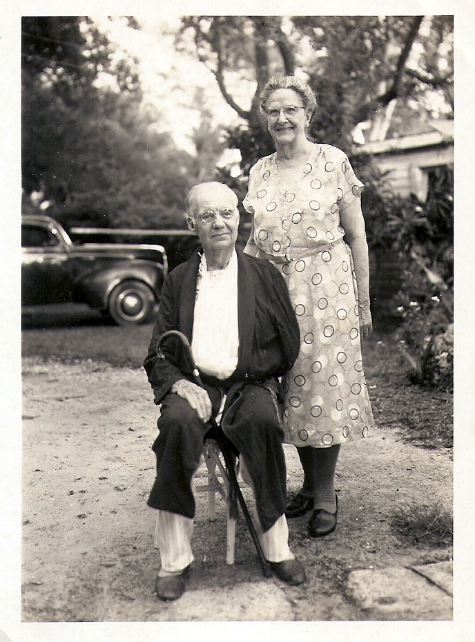 This is my great-great grandpa and grandma Keeler in Miami around 1960. He just had a stroke. Grandpa Keeler was a doctor who brought his family to Miami from Perry, OK, by automobile in 1914, which his daughter, my great grandmother, chronicled in her diary. And according to my grandmother, his granddaughter, he was the first one in Perry, OK, to have glass windshields on his car. Another interesting story involving him is he was addicted to morphine; so for a week he went into his garage and didn't leave until he was sober. I wonder what he did in there. View full size