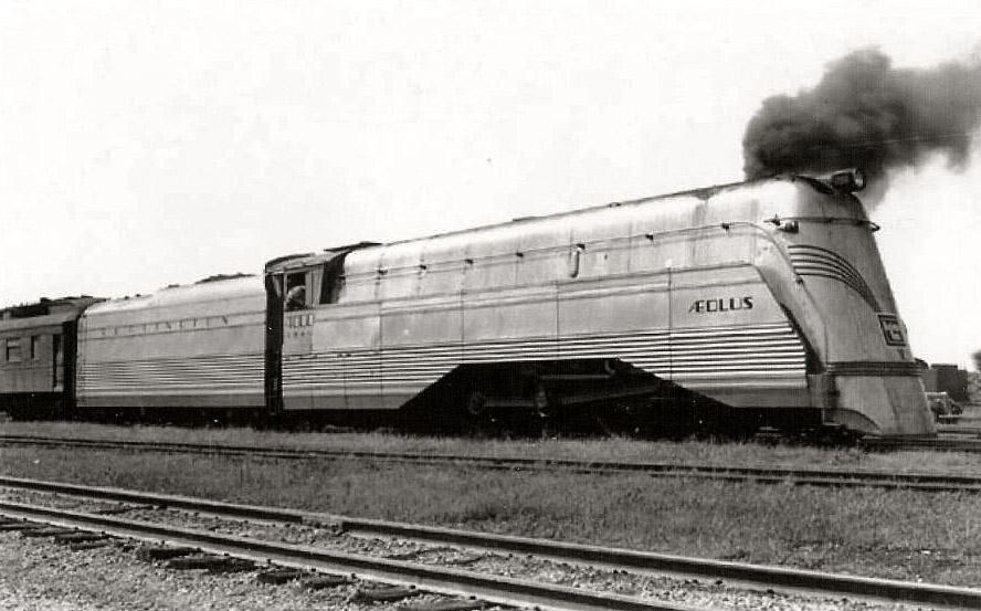 Built in 1930 and looking like any other locomotive, CB&Q #4000 was dressed with a shroud in 1937 and named "Aeolus" (keeper of the wind). I would imagine that during the Depression it was one way to make travel more inviting. The shroud was removed in 1940; she's now on permanent display at Copeland Park in La Crosse, Wisconsin.  View full size.