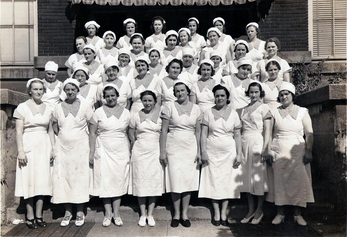 These are some of the gals of Swift and Co. factory workers. The picture was taken in the late fifties or early sixties at the Swift and Co.'s meat packing plant in East St. Louis. My great-grandma Josie is in there somewhere. She worked as a hot dog stuffer. View full size.
