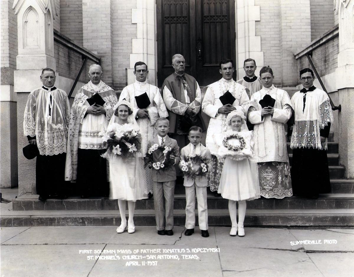 Father Ignatius, the fourth from the right was, I believe, was my grandfather's cousin. From what I'm told he was a kind man and made our Polish Catholic family proud by becoming a priest. This is a picture of him after his first mass at St. Michael's Church in San Antonio, TX on 4/11/37. Strangely, he died while in the dentist chair. View full size.