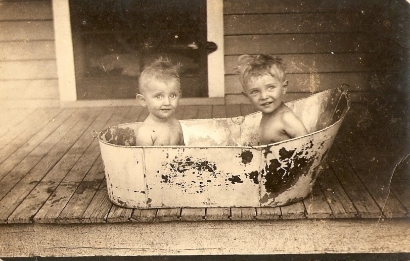 Just a couple of kids in a tub. It was taken in the early 1900s in Perry, OK. A least one of the kids is apart of the Keeler family. View full size.
