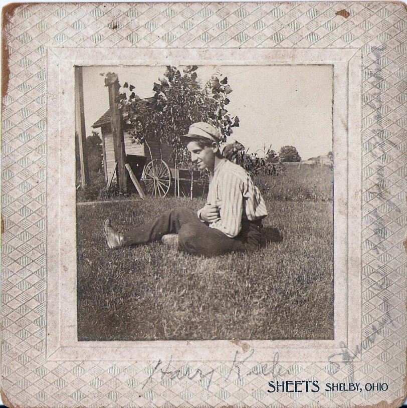 This is my great-great grandfather's cousin or brother Harry Keeler. It's the late 1890s or early 1900s in Perry, Oklahoma. I wonder how he trained that squirrel to sit on his back. View full size.
