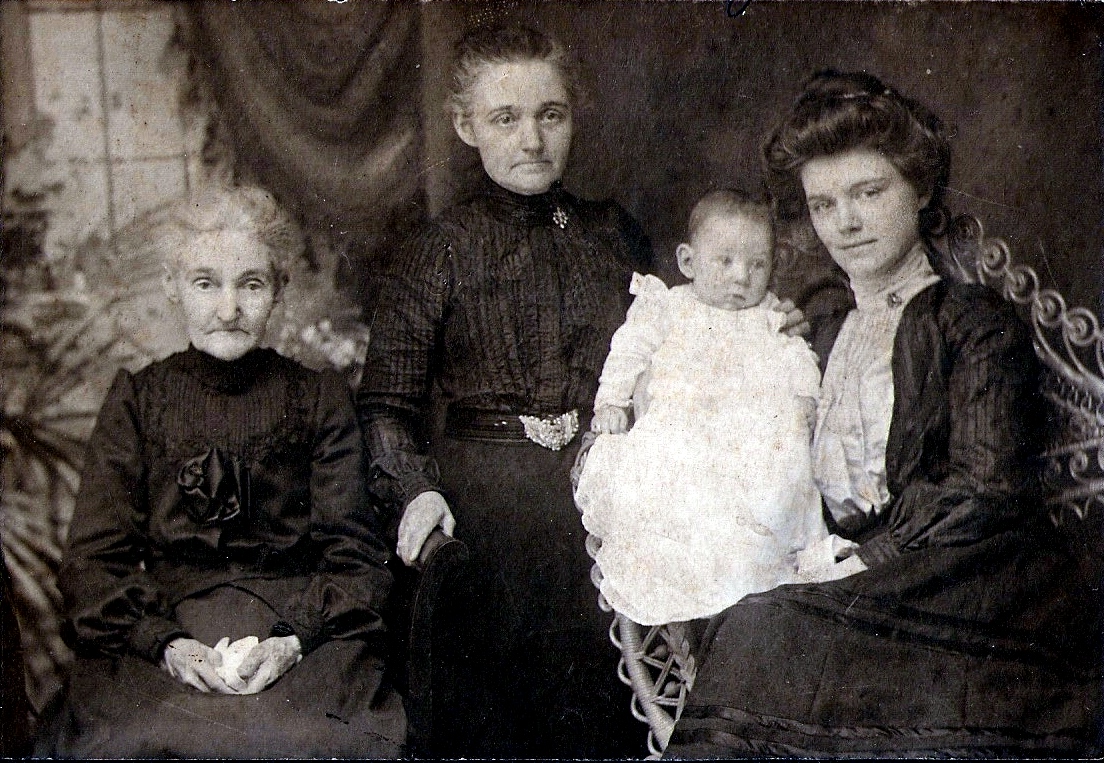 From left to right is May Meek-age 65,Ann Keeler-47, John Kline- 6 months, and Mae Kline-19. This was taken in 1902 in Shelby, Ohio. That's four generations, and May Meek looks likes she's on the older end of 65. Mae Kline looks pretty hot...for a mom. I think May is a distant grandma. View full size.