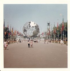 This is a picture of my mom and her brother at the New York World's Fair. I guess my grandma wanted to get the at much as she could in the photo so my mom and uncle are really far away, but you can see my mom's pretty plaid dress. My grandpa worked for the airlines in Miami, Fla.,  the now defunct Eastern Airlines. So they were able to get cheap tickets up to New York. When talking about the Fair my mom always mentions seeing the talking Abraham Lincoln robot. View full size.
Me too!My mom and dad went to that World's Fair too. Dad was also fascinated by the Abraham Lincoln robot.  When Disney World was built, we had to go right away so Dad could once again see "Lincoln" in the Hall of Presidents. 
Me ThreeMom and Dad didn't make it, but I was at that World's Fair.  The Bull City (actually Durham, N.C.) H.S. Band played a concert at one of the outdoor venues there.  I came away with a piece of spin art (the first time I had encountered that medium) and a Sinclair brontosaurus made by the injection molding process.  Ah, Band Trip to NYC, the Taft Hotel -- what could be better?
(ShorpyBlog, Member Gallery)