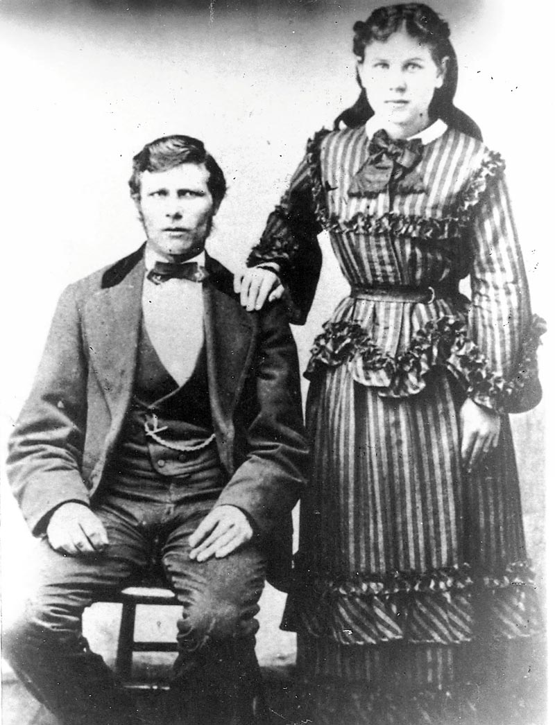 A wedding photo taken on January 14, 1876 of my great-grand parents Charles (Karl?) Schmeltzer, 29, Austrian immigrant, coal miner and later farmer in New Vernon, Mercer County, PA and his wife Mary Kaufmann, 20, daughter of German immigrants. The photo was probably taken in East Brady, Clarion County, PA. View full size.