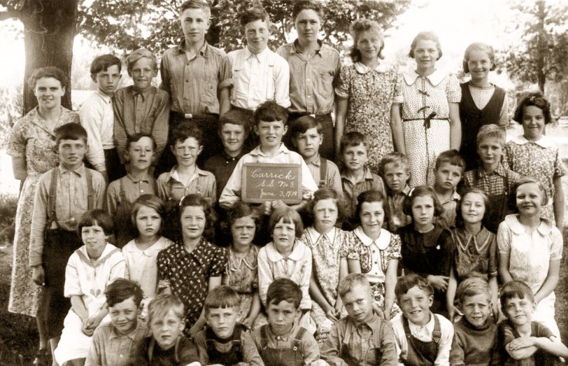 June 3, 1938. Both my dad and uncle are among the students of this "whole school picture" from their rural one room schoolhouse, found in what is now Bruce County, Ontario. The identifying slate was certainly an aid to dating it! View full size
