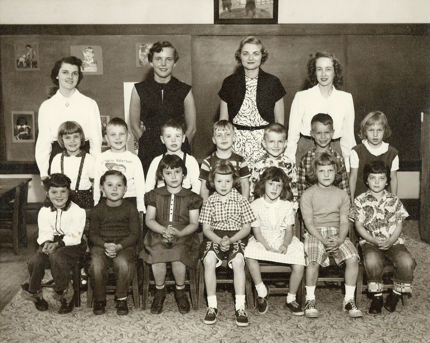 Wisconsin State College, River Falls Campus School Kindergarten Class. Yours truly third from right, second row. Behind me is our class supervisor, Miss Sara Garner, who to my 5 year-old eyes was the most beautiful woman on the planet. View full size.