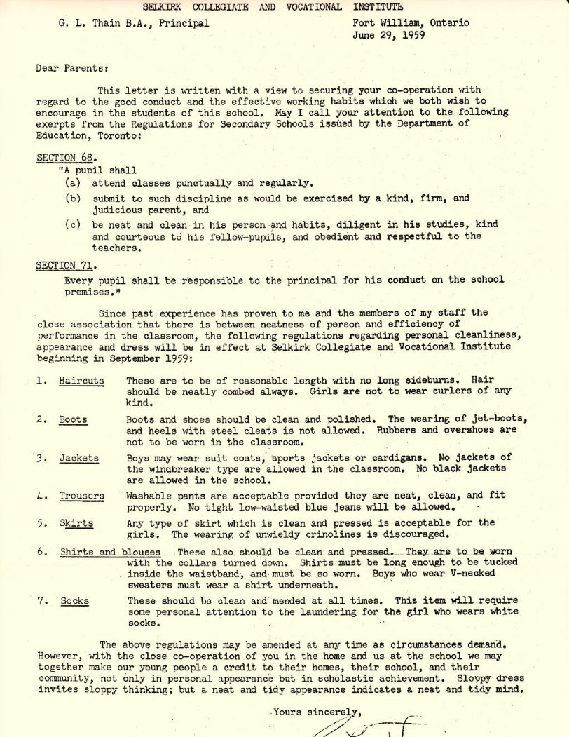 Kids today think they have it difficult. How would they react to rules such as these?  This is a copy of my actual school rules as I started high school in 1959. View full size.
