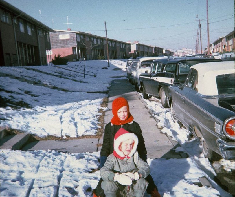 This image comes from a set of slides taken by my grandmother's stepfather in 1962 or 1963. The two girls are strangers to me, as my grandmother and her sister would have been young women by this time. View full size.

