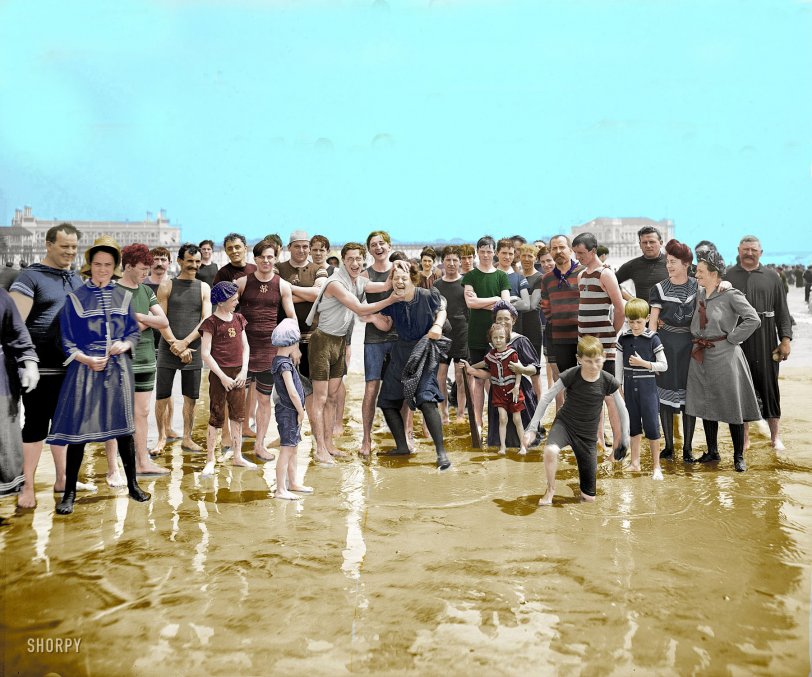 The Jersey Shore, circa 1905. "On the beach, Atlantic City." 8x10 inch dry plate glass negative, Detroit Publishing Company. Colorized. View full size.
