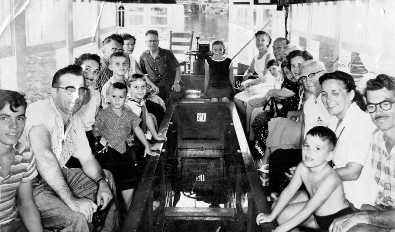 A ride on a glass-bottom boat, Silver Springs State Park, Florida, 1958. I'm on the right sitting between my mom and dad, my older brother at the far left. This is a souvenir photo that was made available for purchase. Later that week my dad splurged on a roll of Kodacolor for our visit to Cypress Gardens. View full size.
