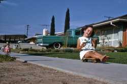 Diamond Bar, California, July 1968. My niece Mary having a good time, apparently. Neighbor has a nice early-60s Ford pickup. I shot this on 35mm Kodachrome. View full size.
You kids get offa my lawn!Looks like broken glass on the top of the cinderblock wall behind the pickup truck. That'll keep them damn kids offa the lawn!
There's one in every neighborhood - a cranky old man. In my semi-rural East Texas childhood neighborhood Mr. T (name withheld to protect the innocent) and his yappy dachshund Socrates ruled the block with a yard rake and bark alarm. We kids devised a bicycle-tire innertube mortar to launch magnolia cones and sweetgum seedpods into his yard from our tree fort - forcing him out there to pick them up, grumbling all the while "I'm a-goin' ta GIT them kids!"
Ahhh, suburbia.
Over the wallAnd on the other side of that cinderblock wall, a car I wish I'd gotten a close-up of. '58 Chrysler is my guess. Already a classic only 10 years later.
I'm also reliably informed that the stuff on the wall isn't glass, but white rocks about the size of golf balls, like the kind used on roofs at this time, and in fact you can see on the house the wall belongs to.
Total Bliss!Those kiddos are having an absolute blast! What a difference from working in a coal mine or putting together fake flowers in a tenement house. Thanks Lewis Hine! 
And what an awesome truck. I'd love to tool around in it today. 
Downhill racerNope, not glass, but white quartz rocks left over from the roofing job on the yellow house. I think the neighbors that lived there had 2 or 3 boys, but the rocks on the wall were just decorative. Or maybe to keep their own kids from climbing on them and falling off.
Notice the Dichondra lawn. All the latest in suburban Southern Calif living in 1968.
--Mother of the skateboard girl.
P.S. I sewed her dress. Did lots of clothesmaking in those days in suburbia.
JoyI was going to say, the look on that sweet little girl's face is pure joy. Or pure terror. Either way, it looked fun and it put a smile on my face. Thanks again, I am enjoying your pictures.
~mrs.djs
California RollGreat perspective here. The girl's taller than the house and twice as big as the truck.
Diamond Bar!I grew up right next to here in be-yootiful Walnut... but not until the late 70's, I'm afraid. Still, it's nice to see the San Gabriel Valley on Shorpy for once!
FordThe Ford pickup is a 1964, 65 or 66.  They used different bed styling in '63 and everything changed (for the worse) in 1967.
I had a 1964 Ford 3/4 ton camper special.  I sold it around 1980 and I still regret that bonehead move.  I should have kept it.  They REALLY don't make 'em like that anymore.
Ford interiors aren&#039;t what they once were.The most amazing thing about that old '64 Ford was the interior.
It had a thin pad across the edge of the dash but otherwise the interior (except for the bench seat and vinyl floormat, obviously) was nearly all painted or chromed metal. The steering wheel had a glorious chrome horn ring.
I challenge you to find even one small bit of exposed steel on a modern automobile or truck, let alone nearly the whole interior.
MoparOr is that car a DeSoto -- nothing else had taillights like it (except the Belchfire 88!).
Steve Miller
Someplace near the crossroads of America
What I Noticed...The Blue Blue Sky! Not any more! Not in Diamond Bar anyway! Great stuff.
Alternative Skateboard TechniquesThat's how my friend &amp; I rode the old steel-wheeled skateboards (not that sissy urethane!) that belonged to my much older brother and sister. Or laying down on our stomachs, which is how I put a hole in my favorite shirt (purple paisley short-sleeve button-down) when it got stuck under one wheel.
Unbridled JOYOne of the most wonderful images I have seen in a long, long time.  You managed to capture perfectly the moment of pure joy from a simple pleasure - that most of us remember from our youth.
Personally I love your mix of the old with the new.
Thank you for all the work you do with this site.
Joy from MA
Skateboard wheelsThose are clay wheels, an improvement (?) over steel wheels. State-of-the-art in the 60s. Then urethane came along...  
Wow!My favorite picture on this site. It captures the care free days of my youth in the 60's perfectly. Thanks for posting that.   
Like my ChildhoodWow, this is beautiful! It's amazing to see my hometown in such a nostalgic light, since most people who live here only know it as it is now. It's also kind of fun to see kids then doing the same activities as kids do now, here. (I witnessed 3 kids going down my street today in the very same fashion, albeit on more modern boards)
Butt boarding!I can hear her laughing!
Tonka truck!The hairstyles! The blue of that truck! Looks like my Tonka toy camper blue-green! I was 13 and in Louisiana in '68, but can TOTALLY connect with this moment that the kids are experiencing-- thanks for the post!
Young lady, put on your shoes!Looks like she was having a blast!  I wonder what happened when she dropped her heels down to stop though.  I took many a chunk out of my feet when I just caught them on the ground for a second.  I'm from the East Coast though, so it wasn't skateboards but pedal cars and stripped grocery carts.
Looks like just a hint of 1966-67 Dodge Charger poking out behind the pickup.
StoppingAs I recall it, "braking" wasn't done with your heels; you simply let the board roll to a stop, or you rolled off the footpath onto the grass of the nearest front lawn.
Great photo, with great colours. 
&quot;Yahoo! You&#039;re all clear, kid!&quot;I've been scouring this site for an archetypal example of an image that matches my fictional mental stereotype of Kodachrome, and this is right near the top - it's violently sunny and was shot in California and it has a huge truck and suburbia. The truck has white-walled tyres. The image even has a lady in a one-piece dress, although she's not blonde and isn't wearing plastic sunglasses.
But the date is a little advanced; when I think of the colours of 1968 I think of colours that film could not capture, that could only be generated within a human mind soaked in drugs and the spirit of rock and roll. And the colour of armoured personnel carriers and helicopters in Vietnam, and of "Disraeli Gears." And a lot of third-hand mental images of things that happened in other continents ten years before I was born.
It's also a good image on an unemotional level. The photographer was smart enough to put the camera down at child-level; he pressed the button at the right time, and the other kids in the background tell a little story. Right time, right place, right direction, right film, right weather conditions etc. And on an emotional level it's wonderful.
Mopar PowerI wonder if that's a Chrysler 300 down the street.
(ShorpyBlog, Member Gallery, Cars, Trucks, Buses, Kids, tterrapix)