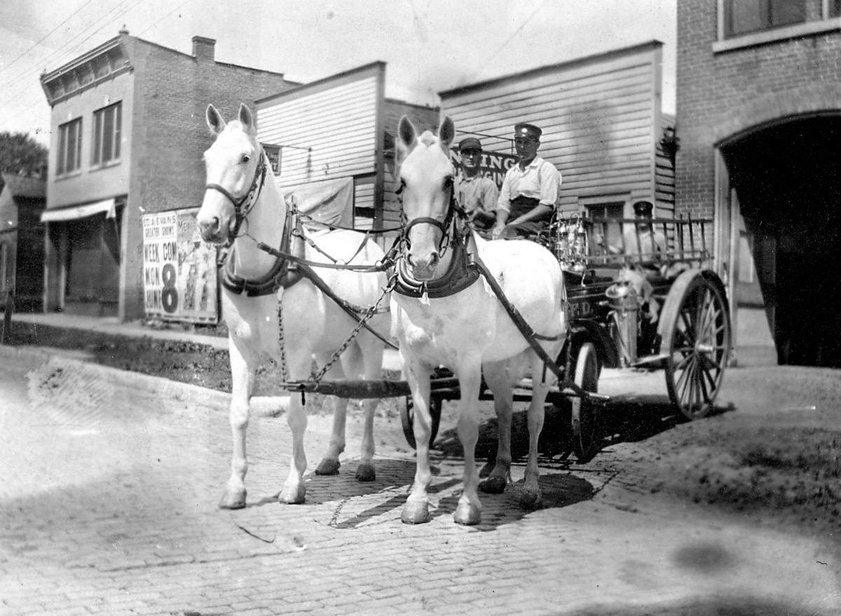 Snowball and Hiball, the fire horses in Iowa City, Iowa circa 1910. View full size.