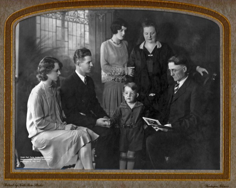 The photo was taken about 1925 in a studio in the Chicago area. My grandfather, holding the book, immigrated to this country from Sweden. People of that generation loved studio portraits and they had many taken. I find this particular tableau to be appealing and well-composed. The little boy, my uncle, is the only one still living. He is 85 now. View full size.
