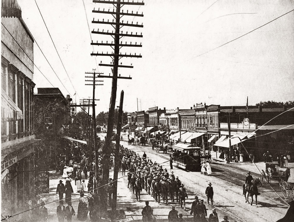 Soldiers back from the Spanish-American war march down Main Street in Columbia, South Carolina in 1898. 