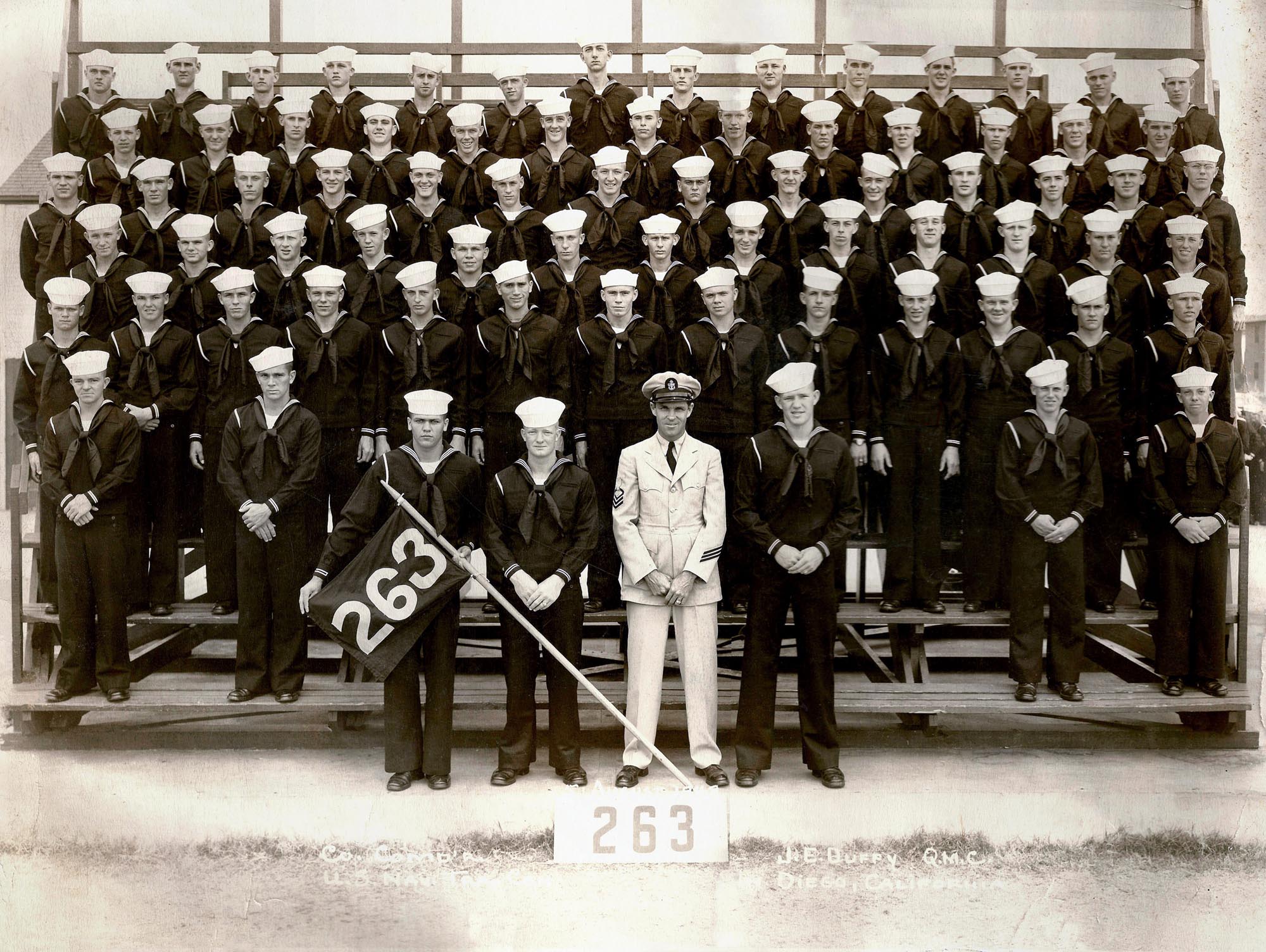 My Uncle Charles "Sonny" Haile (seen earlier) from his August 5, 1949 company photo in San Diego. He's the 5th sailor from the right on the 3rd row.