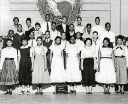 Taken in 1957, west side of Chicago. This was the home room group that graduated with me. I'm the little guy, 2nd row, 2nd from the right. Standing next to me on the left is Finn; we had most of the same classes together, including music, and played in the band together. View full size.
Grade 6?If this is an elementary school graduation photo, then can I assume that these kids just finished Grade 6 and are only 12 years old?  Most of them are so elegant and grown-up-looking, I can't believe they could be that young.
[My elementary school, from which I graduated in 1960, was K-8, quite typical of the time. -tterrace]
Might I put the call out to new Shorpy member Msgt to let us know how old he and his classmates were in 1957?
SoCal in 1960tterrace, in 1960 I completed 6th grade at Emerson Elementary in Long Beach, Ca, and moved on to Stanford Junior High School where I completed 9th grade in 1963. Then onto high school, grades 10-12. Such were the differences between northern and southern California.
(ShorpyBlog, Member Gallery)