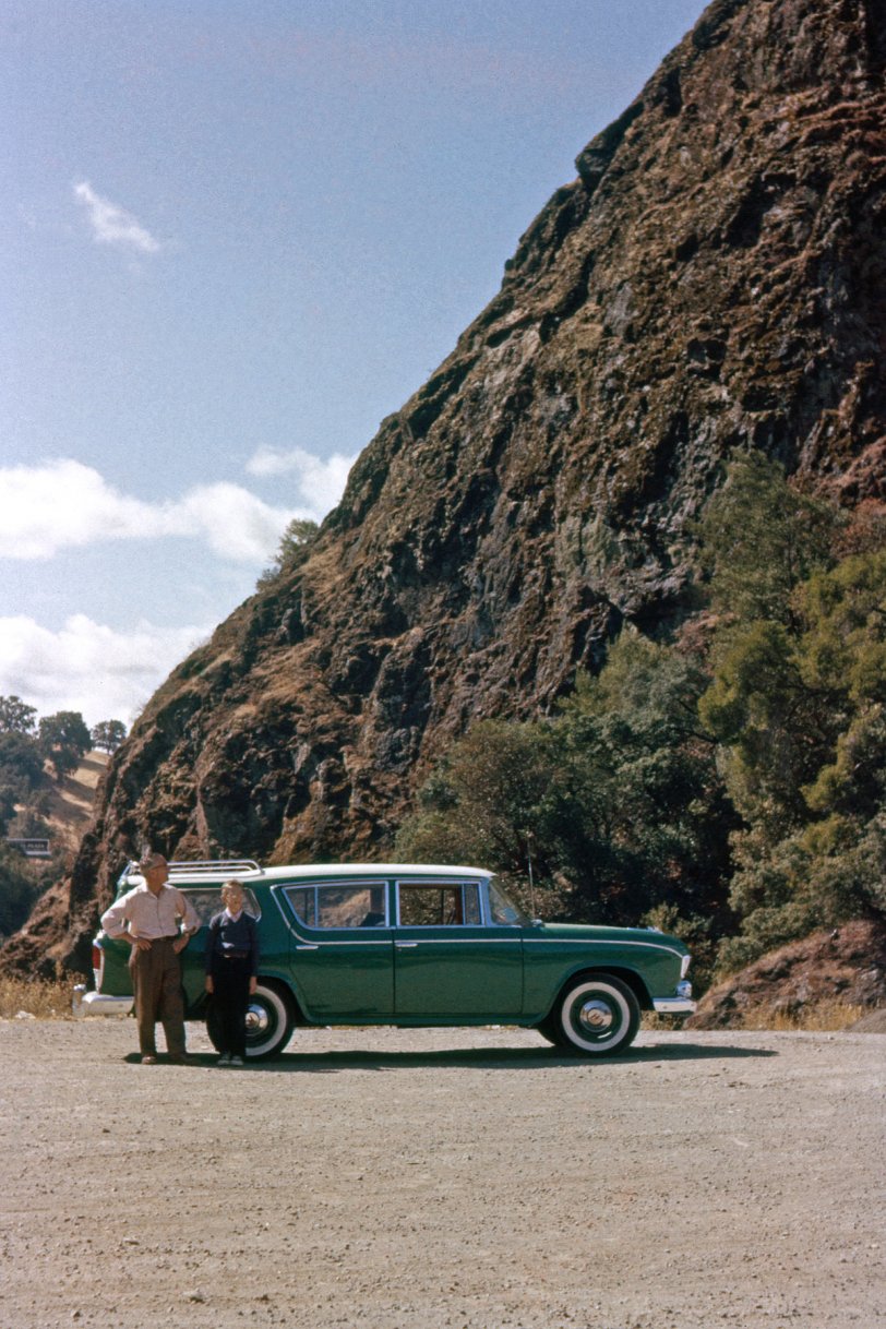 September 1956. My father, me and the new Rambler on its first long ride, at Squaw Rock on U.S. 101 south of Ukiah, California, captured by my brother on Ektachrome. Could almost be a new card ad, except I'm not running around laughing hysterically. View full size.
