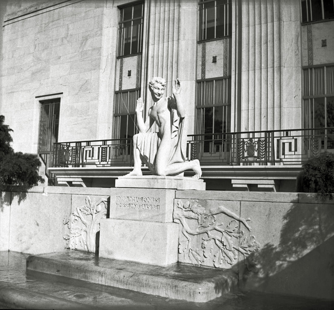 Statue of Puck at the Folger Shakespeare Museum in Washington, DC. Picture was dated 1955. From my negatives collection. View full size.