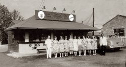 My Aunt Doris Bonham at age 15, the fifth girl from the left. The location on Kanawha Boulevard East in Charleston, West Virginia, would later become the second Shoney's restaurant, now one of the largest chains in the U.S. Old company photo.