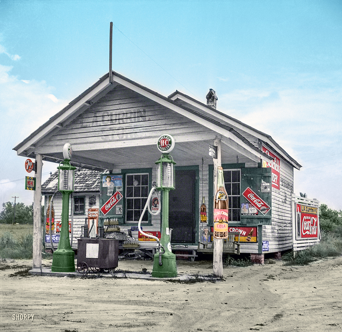 Colorized version of the Currin Grocery in Granville County, North Carolina, photographed by Dorothea Lange in July 1939. View full size.