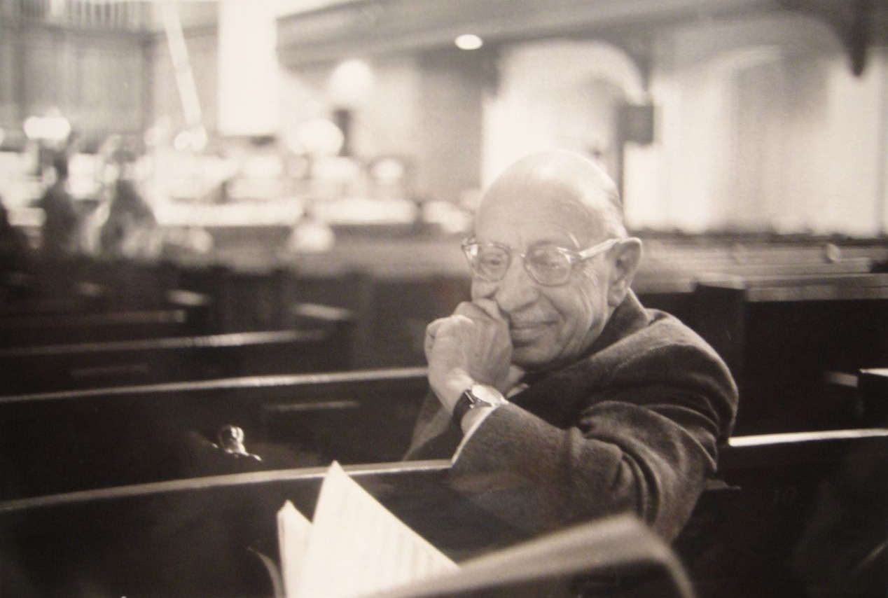 Igor Stravinsky at Oberlin, 1963; unposed photo taken by me.  35mm Tri-X, Leica F, point-and-shoot photograph of original 8X10 b/w print. View full size.