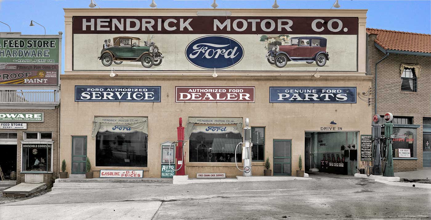 Hendrick Motor Co., Takoma Park Md., 1928 (colorized). View full size.