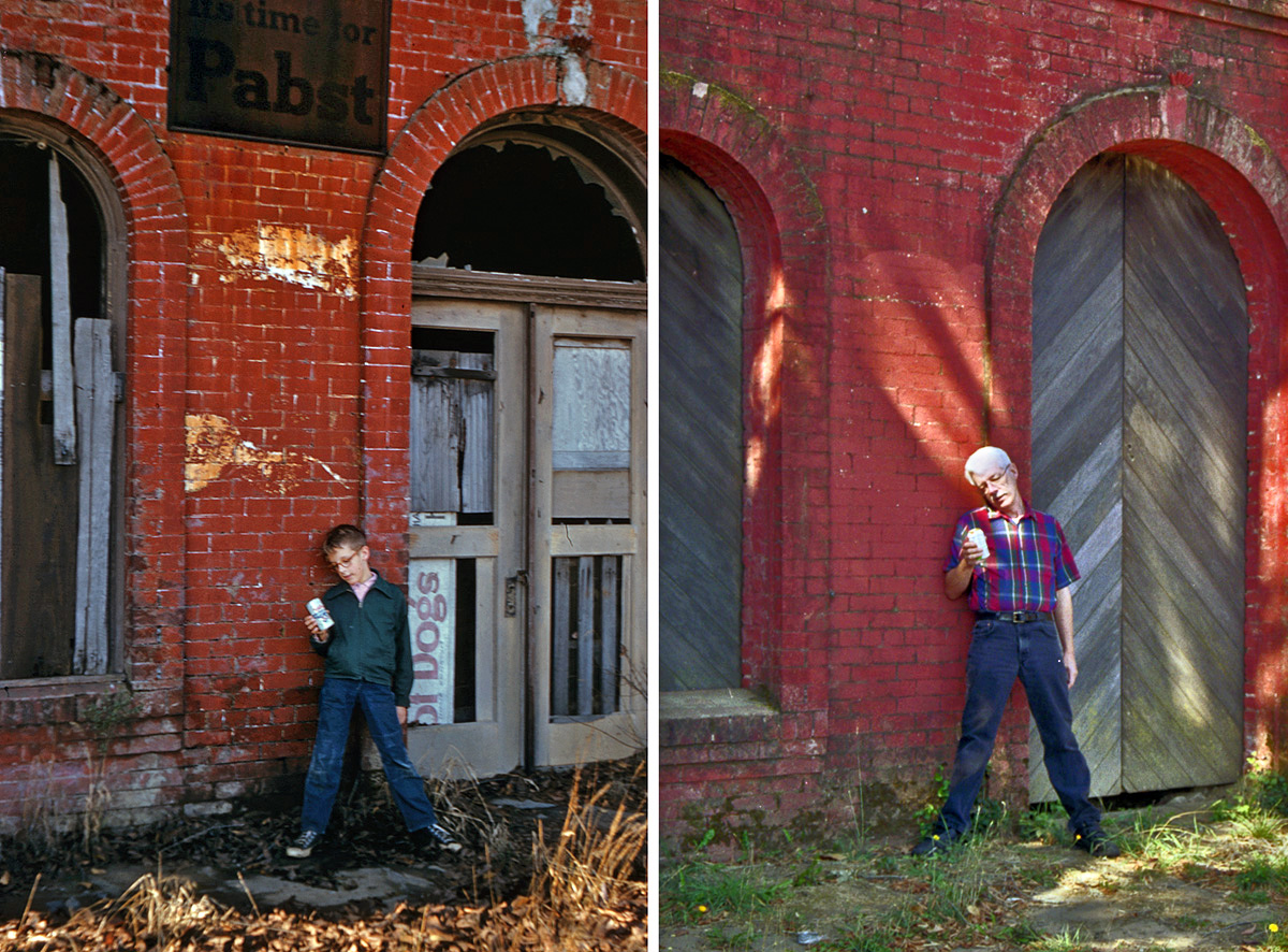 1955 and 2002 (OK, so it's not quite "now"). A gag shot my brother and I arranged with an empty beer can found nearby, and a reenactment shot by my sister 47 years later. The building is the shell of the c. 1894 Limerick Inn in Larkspur, California. View full size.