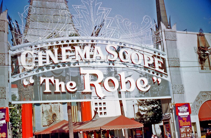 "The Robe" showing at Grauman's Chinese Theater in Hollywood sometime between Thursday, September 24, 1953 to Thursday, December 10, 1953. From the
Alhambra collection of found Kodachrome slides. View full size.
