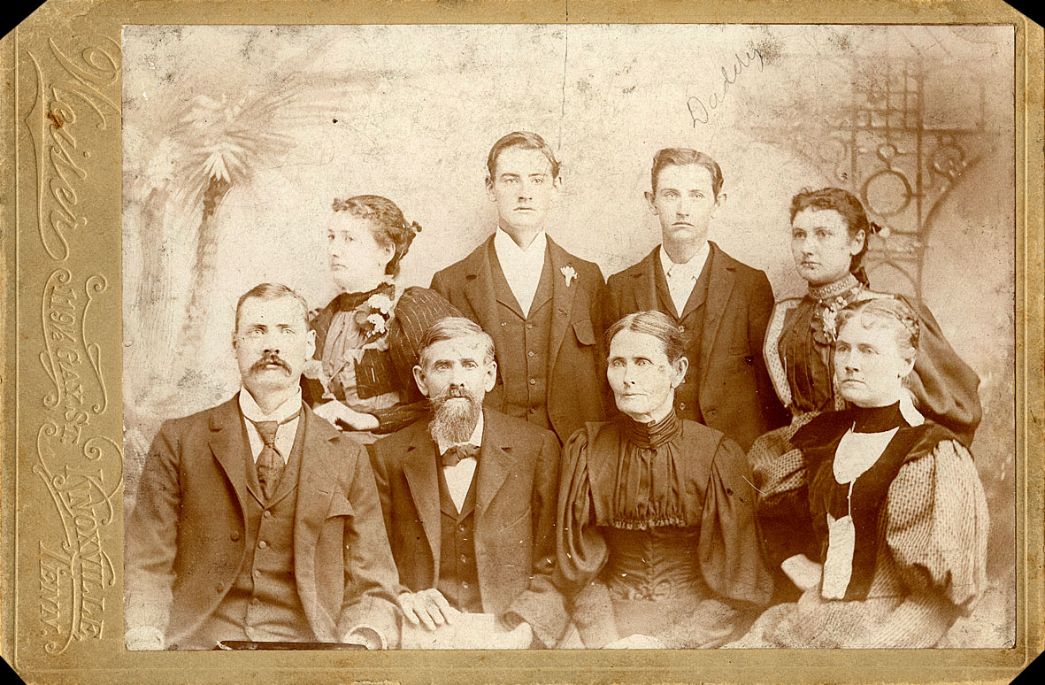 "The Whole Tillery Family," date unknown. "Daddy" written in pencil. 4x6 print of some of my distant relatives.  The family name of Tillery is unknown to me.  I was born and still located in Knoxville, as is the studio where the image was taken. View full size.