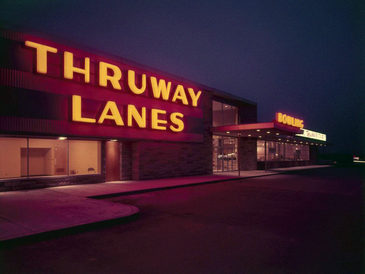 Bowling alley circa 1956. Next door: Fine dining at the Thruway Restaurant. Color transparency by Dmitri Kessel, Life magazine photo archive. View full size.