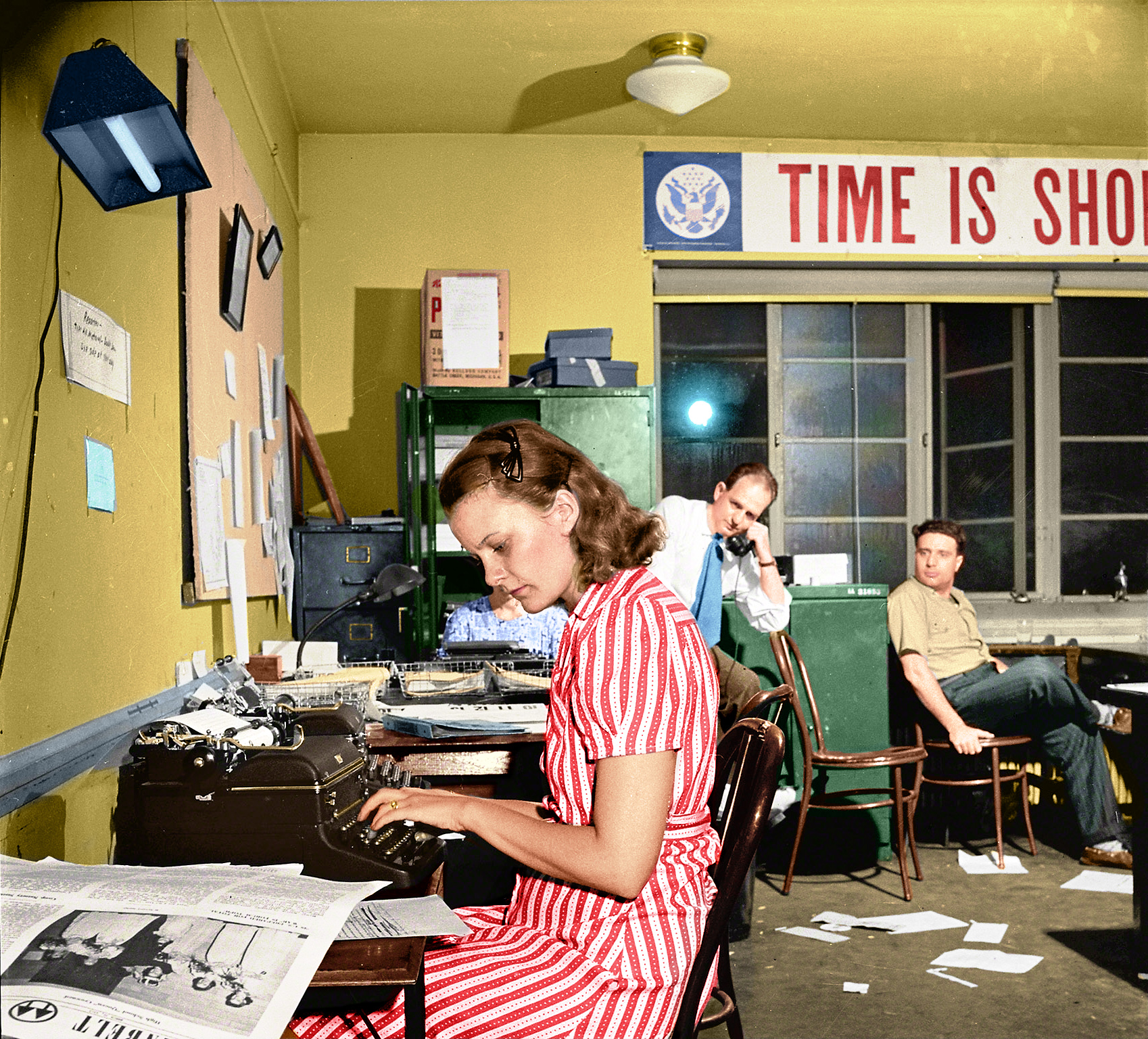 Colorized from this Shorpy original. It's a known fact: adding some color to the office increases your typed WPM! View full size.