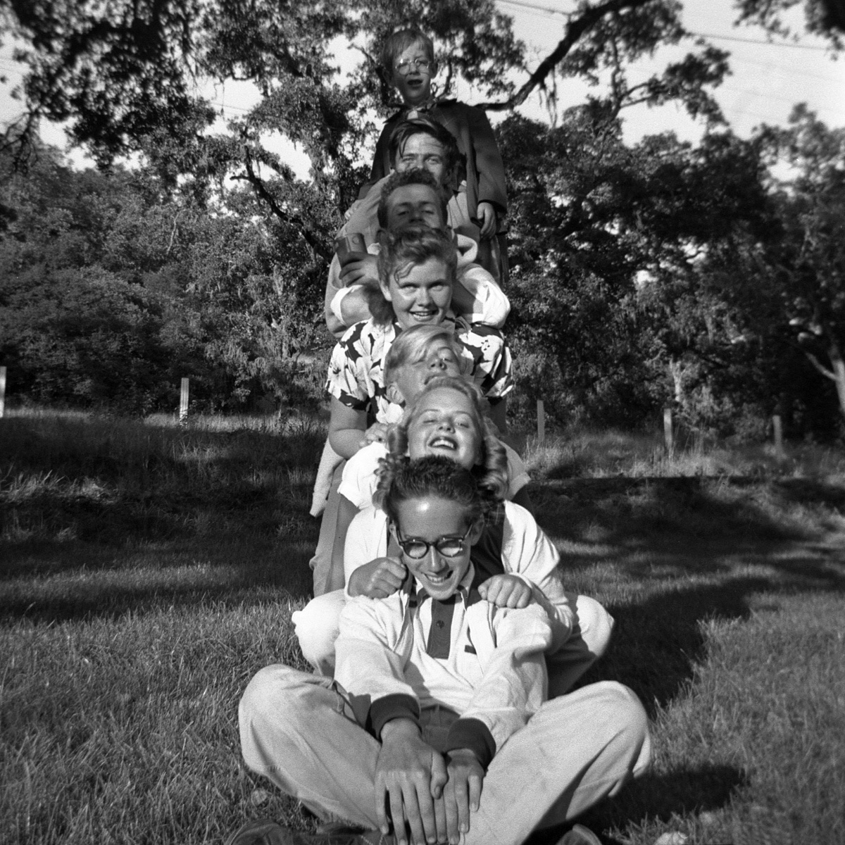 Characteristic mid-century picnic behavior, posing for the human totem pole photo. In this case, 1953, me at the top, my brother at the bottom, various friends in between. View full size.