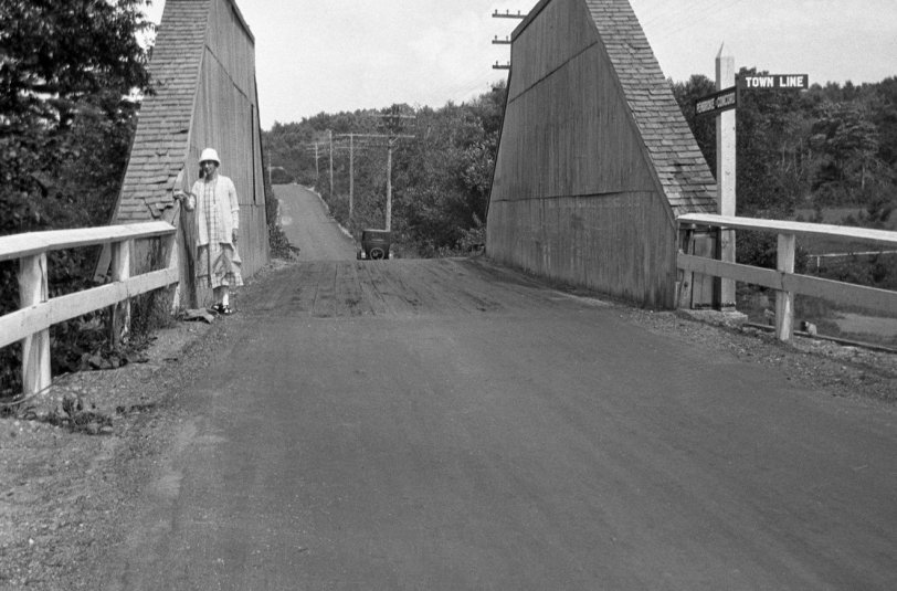 1920's shot of the town line for Concord and Pembroke New Hampshire. I've been trying to find this exact spot, likely the bridge doesn't exist anymore. From my negatives collection. View full size.
