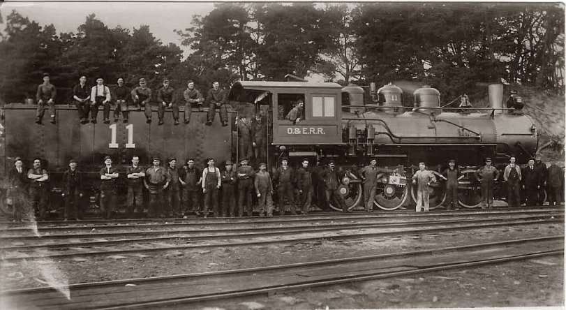 No. 11 built at the shops in Samoa, Humboldt County, California. Taken in Samoa, 1911ish. Oregon Eureka Railroad owned by Hammond Lumber Co. Photographer unknown. View full size.