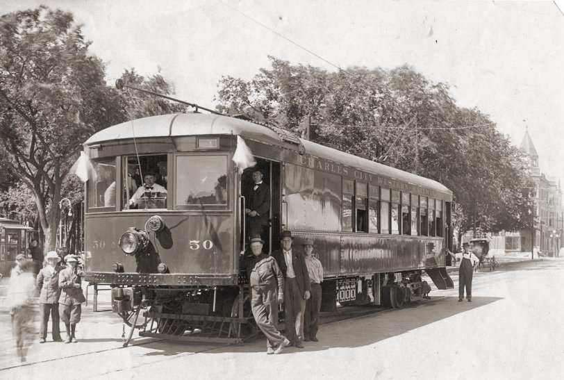 Showing off the new Charles City Western Railway trolley car in 1915 near Central Park in downtown Charles City, Iowa.
