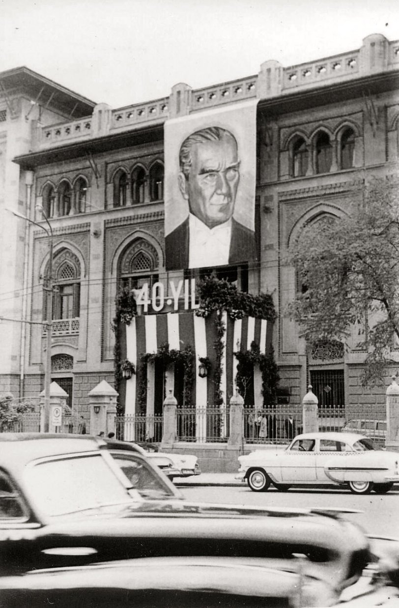 I believe this was taken in Ankara, my father was stationed in Turkey during his tenure in the army. On the back it says "Public building decorated for the 40th year since the revolution." Picture of Mustafa Ataturk. I'm hoping I can find more of my dad's pictures from Turkey. View full size.
