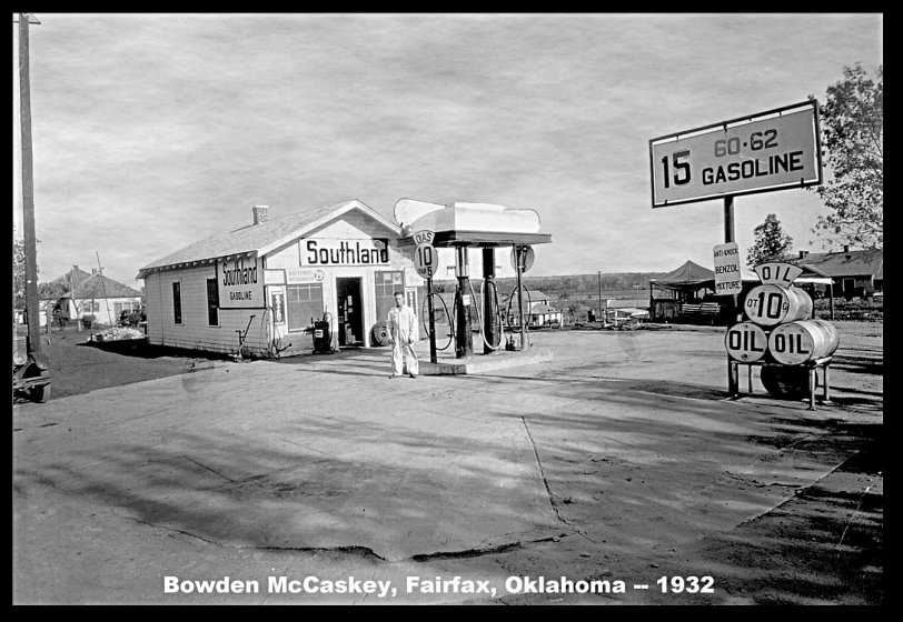 Bowden [Mac] McCaskey, my uncle at the station where he worked in Fairfax, Oklahoma.  The year was 1932 and with the depression and the dust storms, he was lucky to have a job. This was 4 years before my birth but I have been told the grim facts about the hard times in Oklahoma. View full size
