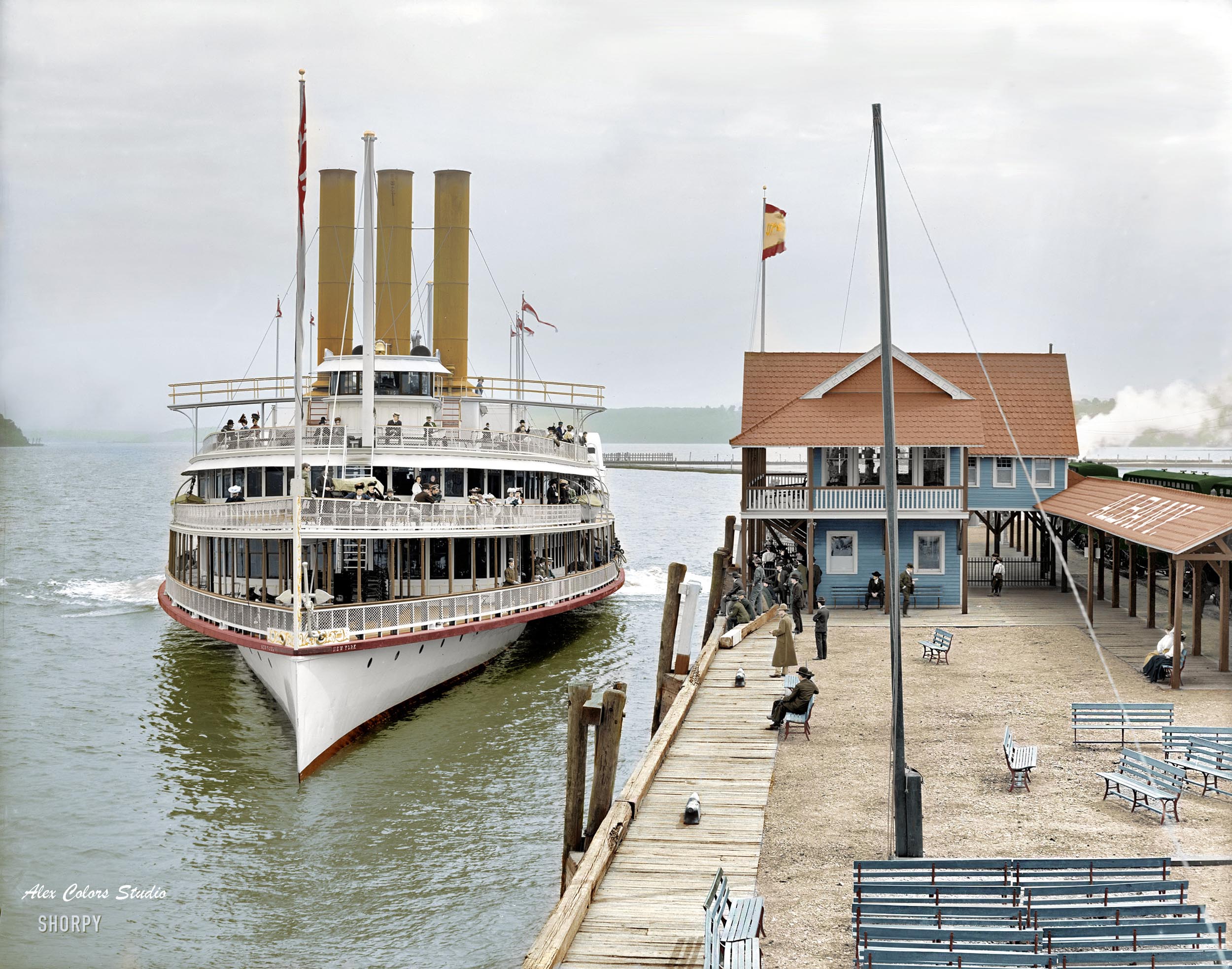 Colorized version of River Cruise, 1906. "Steamer New York on the Hudson. Boat landing at Kingston Point." Detroit Publishing Company, circa 1906. Colorized by Alexandr Khulio (Alex Wolf).
