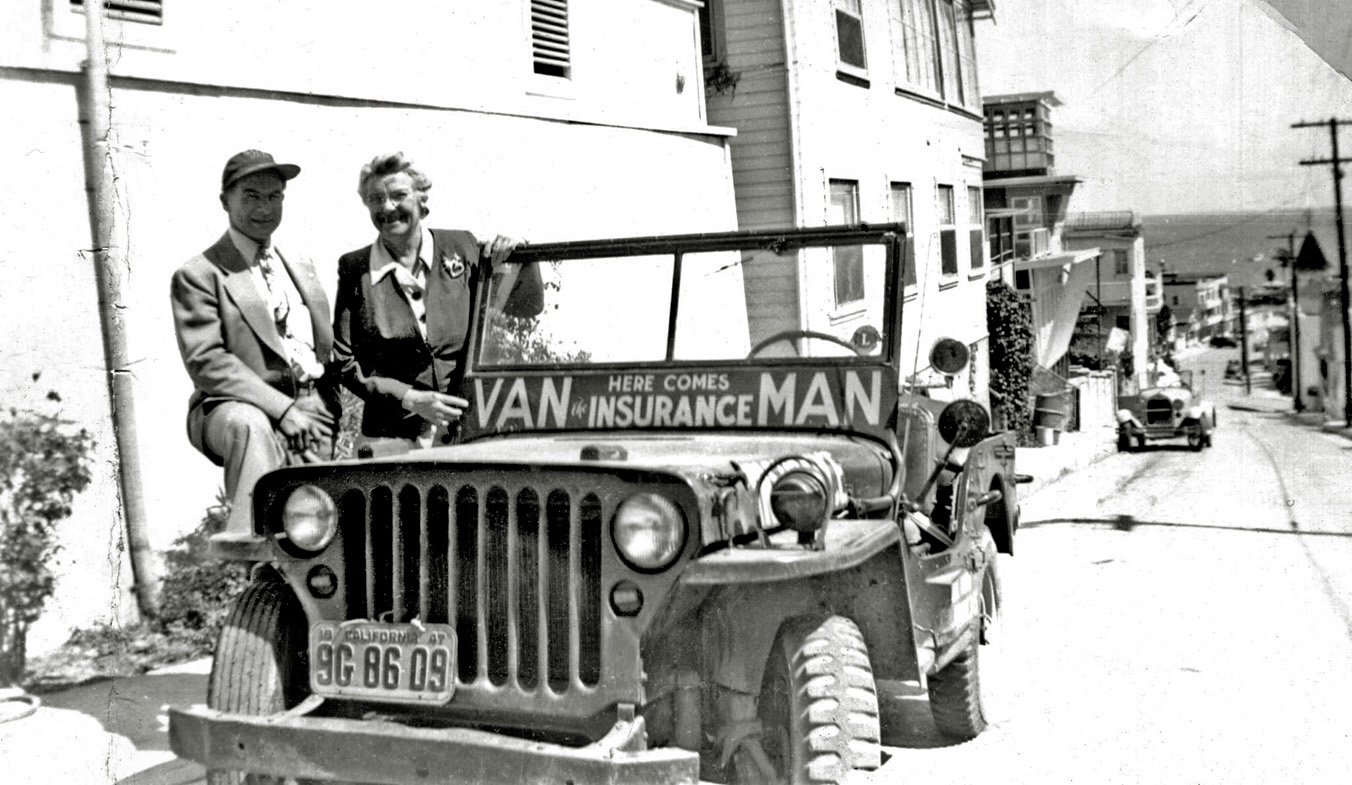 Every salesman needs a gimmick. And if you are an insurance salesman in California during 1947 with an army surplus Jeep, why not use the vehicle for a little advertising? From an assortment of car photos I found in an antique store in Simi Valley, California. View full size.