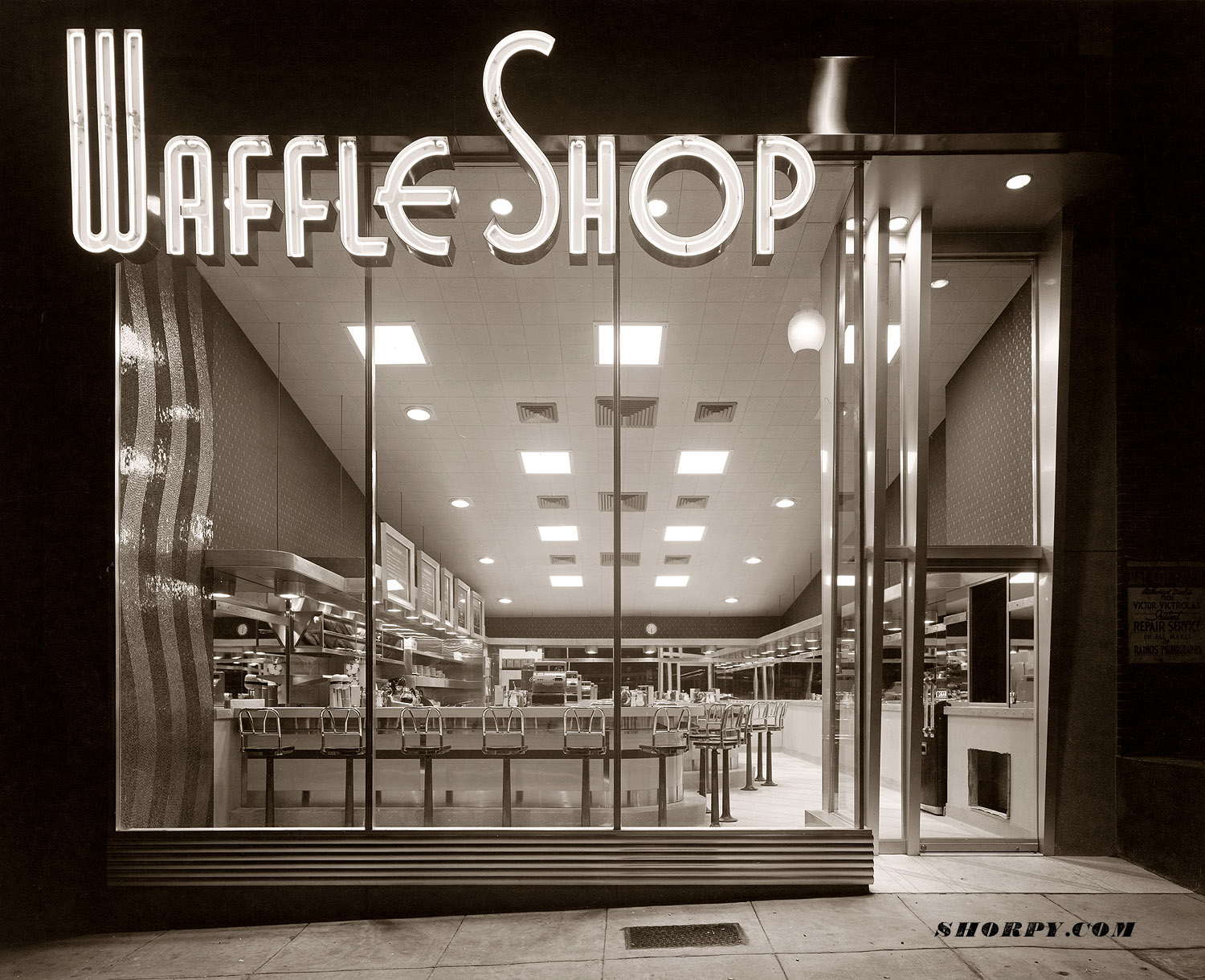 Entrance to the Waffle Shop at 522 10th Street NW, Washington D.C. Circa 1950 photograph by Theodor Horydczak. View full size.