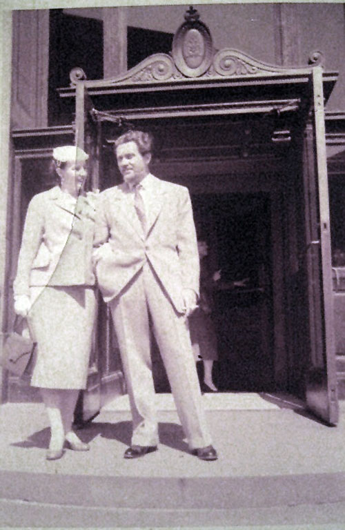 My mother and birth father on their wedding day, June 1953, at City Hall, in New York City. As Mom was living in Canada and there was a Dominion-wide holiday for the Queen's coronation, she was able to travel to New York where my father was living to get married.
Dad was an artist living in Greenwich Village at the time. The next day, they packed all his belongings and he came up to Canada. He died in 1988, a month to the day before my step-dad died.
